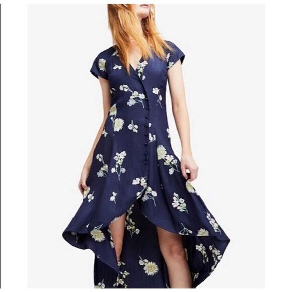 Free People Floral Wrap Lost in Your Midi Blue Asymmetrical Button Dress Size XS - Picture 2 of 15